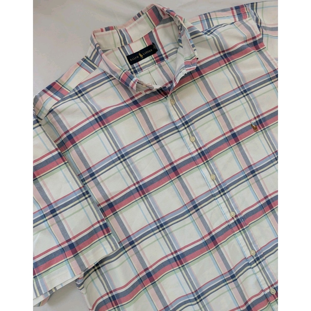Ralph Lauren Button Front Shirt Mens XLT Short Sleeve Plaid Pastel 100% Cotton